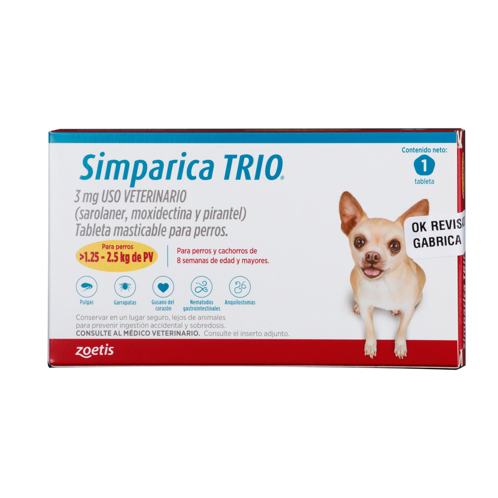 Antiparasitario Interno y Externo para perro  Simparica Trio 1.25 Kg - 2.5 Kg 1 Tableta