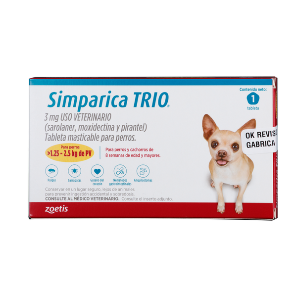 Antiparasitario Interno y Externo para perro  Simparica Trio 1.25 Kg - 2.5 Kg 1 Tableta