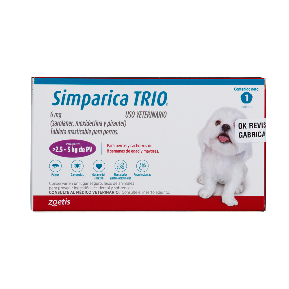 Antiparasitario Interno y Externo para perro  Simparica Trio 1.25 Kg - 2.5 Kg 1 Tableta