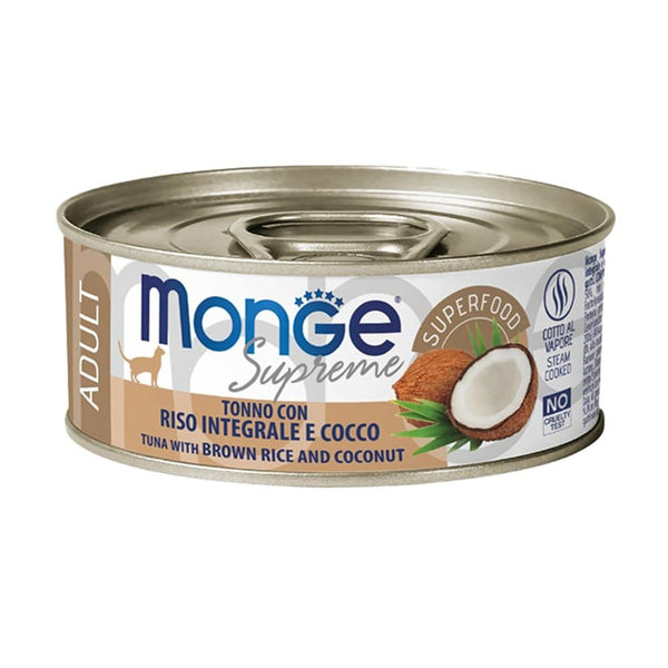 Alimento Humedo Para Gato Adulto Monge Supreme con Atún, Arroz y Coco 80gr