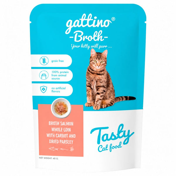 Alimento Húmedo Para Gato Gattino Caldo Tasty Salmón con Zanahoria y Perejil 40gr