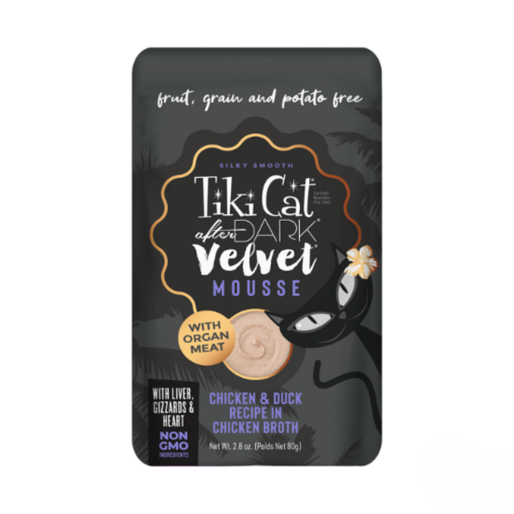 Pouch Tiki Cat After Dark Velvet Mousse Mouse F Pollo Y Pato en Caldo De Pollo 80 Gramos