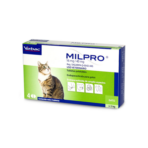 Desparasitante Milpro para gatos adultos >2 Kg 4 Tabletas