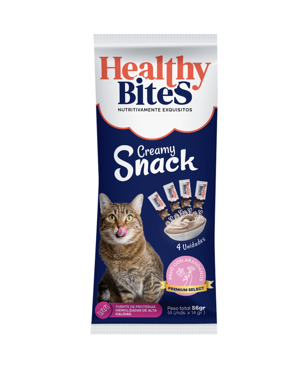 Snack Cremoso para Gato Healthy Bites sabor Pavo y arandanos 56 gr sobre por 4 unidades